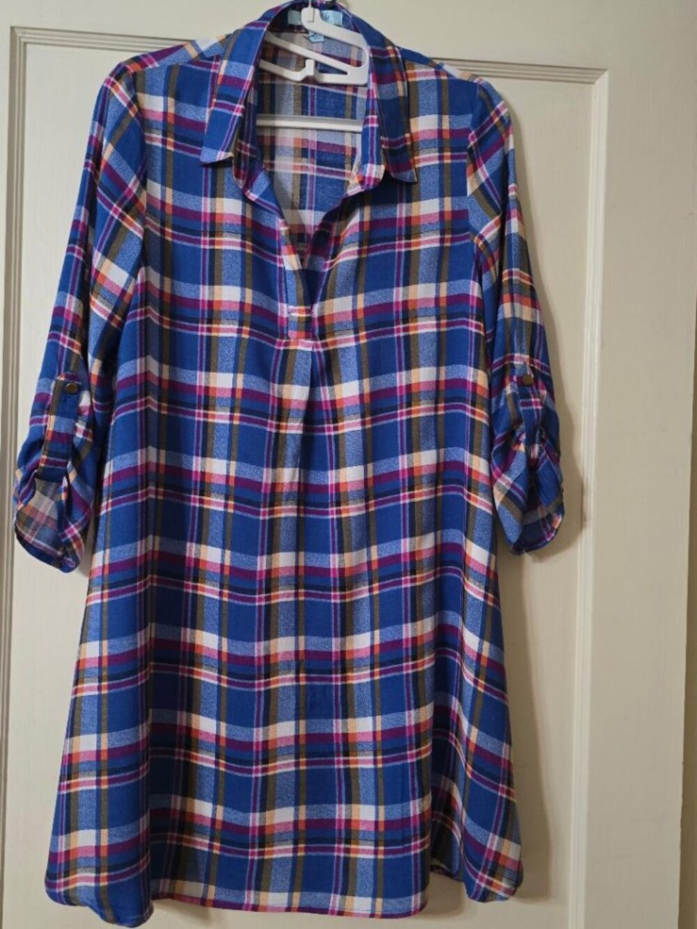S She + Sky Plaid Shirt Dress / Tunic in bold royal blue / white, yellow, pink